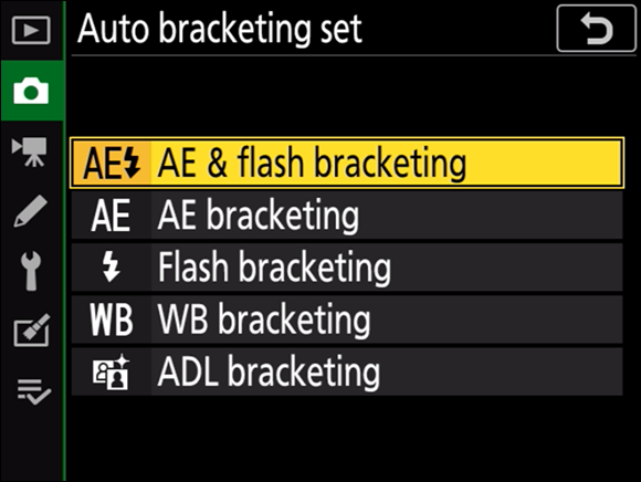 Illustration of the Auto Bracketing options that can be assigned to the BKT button that
appears on the tilting monitor.