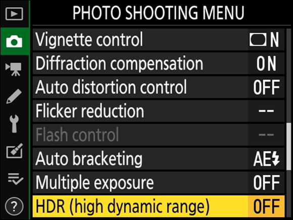 Illustration of the Photo Shooting Menu highlighting the HDR (High Dynamic Range) command, which is in the OFF mode.