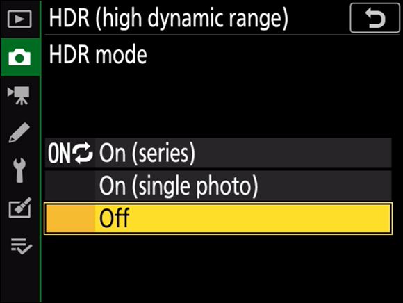 Illustration of the HDR (High Dynamic Range) command, displaying more options, with the multi selector highlight one of the options (Off).