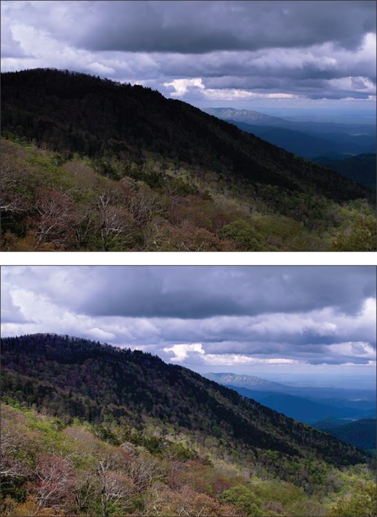 (Top) Photograph of a hilltop that needs HDR to bring out the full dynamic range, and (bottom) depicting the same scene with HDR applied.