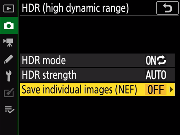Illustration of the HDR (High Dynamic Range) command, highlighting the Save
Individual Images (NEF) option, which is in the OFF mode.