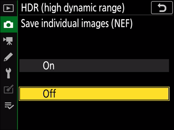 Illustration of the HDR (High Dynamic Range) option to choose On to save individual images as NEF files.