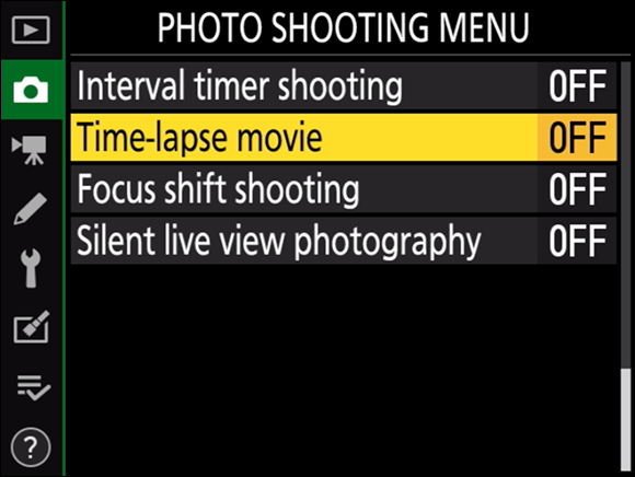 Illustration of the Photo Shooting Menu command, highlighting the Time-Lapse Movie option, which is in the OFF mode.