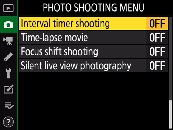 Illustration of the Photo Shooting Menu command, highlighting the Interval
Timer Shooting option, which is in the OFF mode.