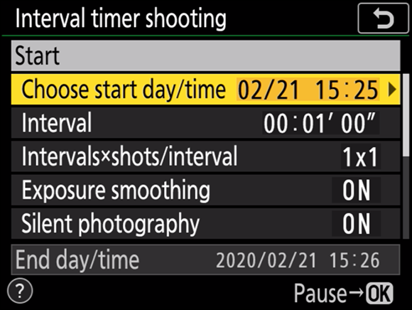 Illustration of the Interval
Timer Shooting command, to choose the start day/time option, where you can specify the day and time that the shooting will start.