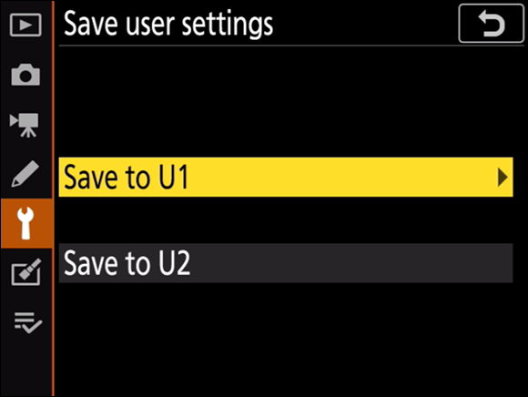 Illustration of the Save User Settings option for saving the user settings to mode U1 or U2.