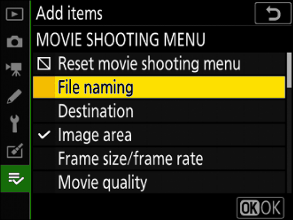 Illustration for choosing items to add to the Movie Shooting Menu highlighting the File Naming option on the multi selector.