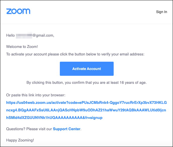 Screenshot displaying a Zoom-authentication email requesting the user for his/her account authentication to verify their email address.
