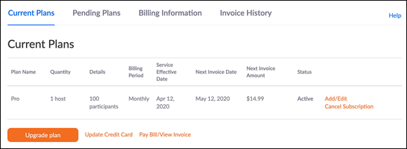 Illustration of the Zoom account dashboard displaying current plans, pending plans, billing information, and invoice history.