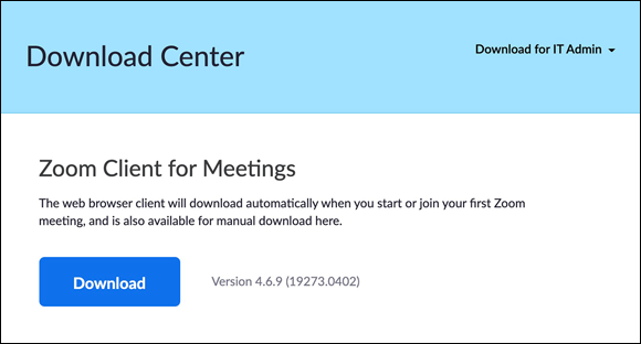 Illustration of the Zoom Download Center to select Download and choose a particular version of Zoom Client for meetings.