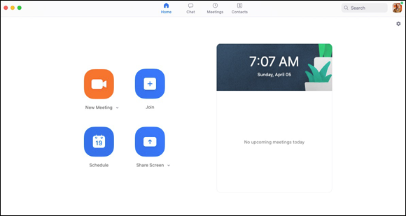 Screenshot displaying the user interface screen for Zoom Meetings and Chats, where you can launch meetings, join existing meetings, tweak your settings, and do much more.