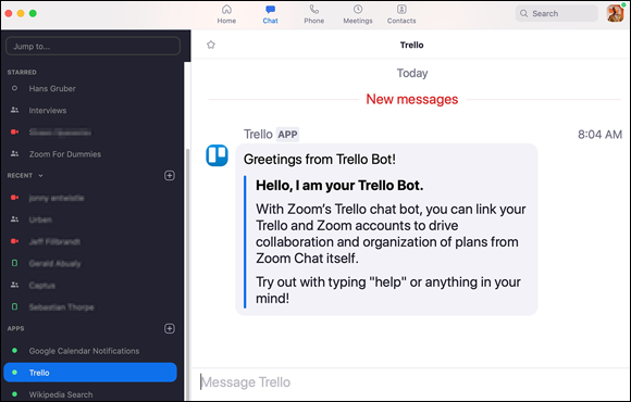 Screenshot displaying a Zoom in-app message from the Trello app, which is a third-party app notifying you via the Zoom desktop client.