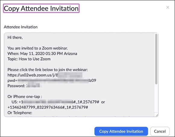 Illustration of Zoom displaying a full webinar invitation, including detailed directions on how to join the webinar using the links.