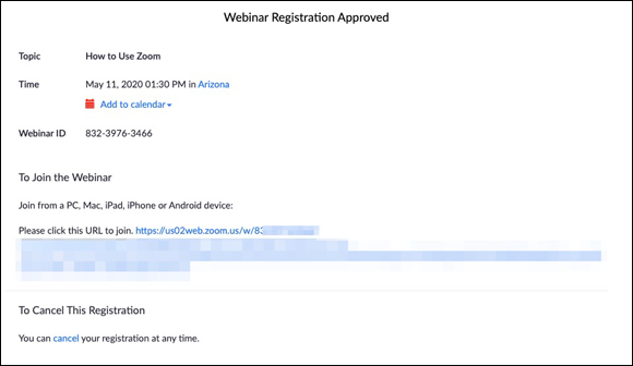 Illustration displaying the Zoom attendee webinar registration confirmation, after filling out the form.