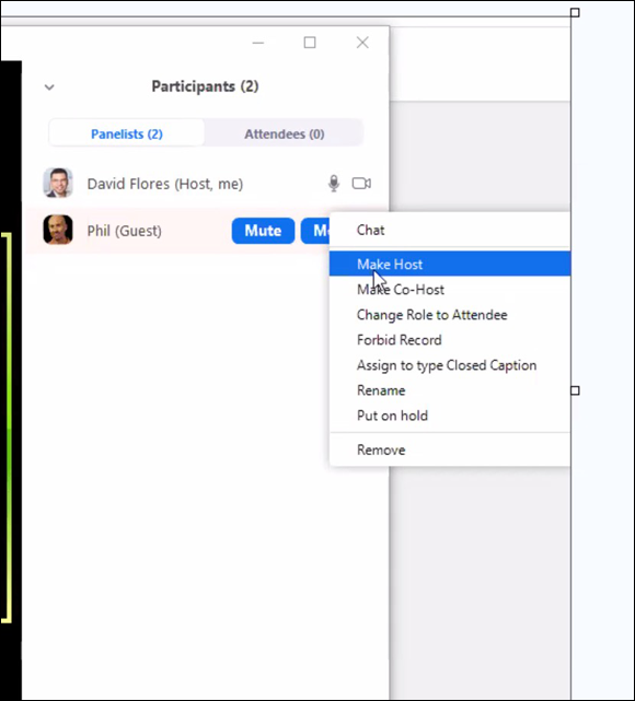 Screenshot of the Zoom displaying panelist options to Make Host by enabling webinar co-hosts at the account level.