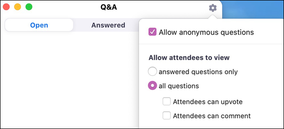 Illustration of Zoom displaying additional Q&A options that allow attendees to view all questions and answers.