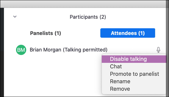 Illustration displaying the five Zoom attendee-related options that allow co-hosts and panelists to do a number of things with individual participants.