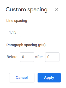 Snapshot of using the Custom Spacing dialog box to set the own line spacing value.