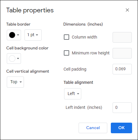 Snapshot of formatting various table settings in the Table Properties dialog box.