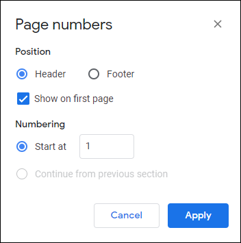 Snapshot of using the Page Numbers dialog box to set up page numbers for the header.