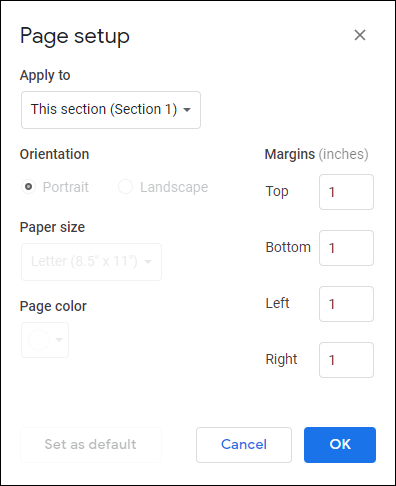 Snapshot of the layout of Page Setup dialog box changes when adding a section.