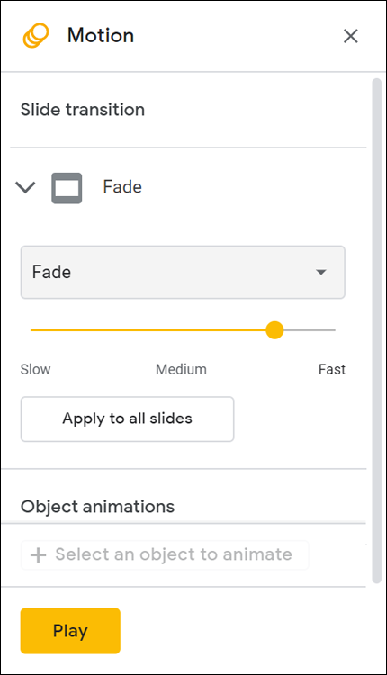 Snapshot of the Motion pane, in which use the Slide Transition controls to apply a built-in slide transition to the selected slides.