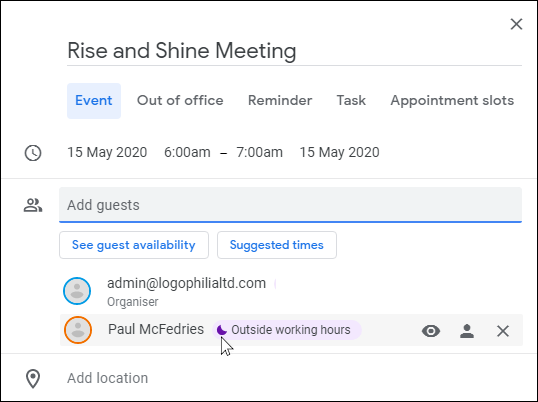 Snapshot of the Calendar lets people to know when they're trying to invite to an event that occurs outside of the working hours.