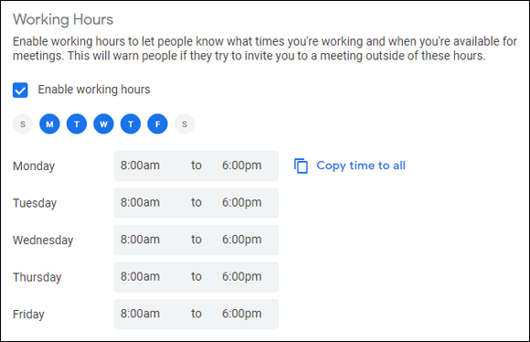 Snapshot of defining the workday by specifying the working hours.