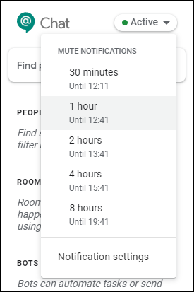 Snapshot of using the Mute Notifications list to specify how long you want to turn on Do Not Disturb.