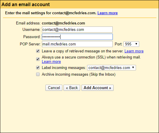 Snapshot of importing incoming messages from another account, fill in the settings in the Add an Email Account window.