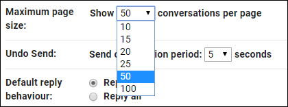 Snapshot of using the Show X Conversations Per Page drop-down list to select the maximum page size.