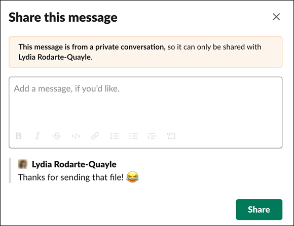 Snapshot of a Slack message forbidding a user from sharing a private DM.