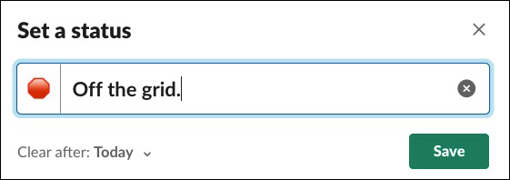 Snapshot of Slack status with a red stop-sign emoji.