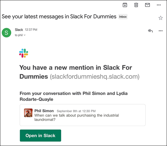 Snapshot of a Slack email to an inactive member summarizing missed activity.