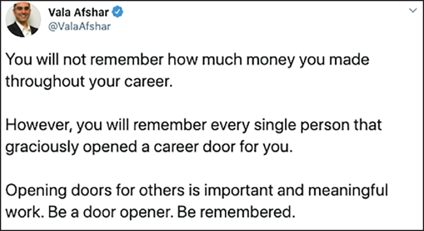 Screenshot of a Twitter message for bosses all over the world encouraging them to be a door opener in providing opportunities to people and be remembered.