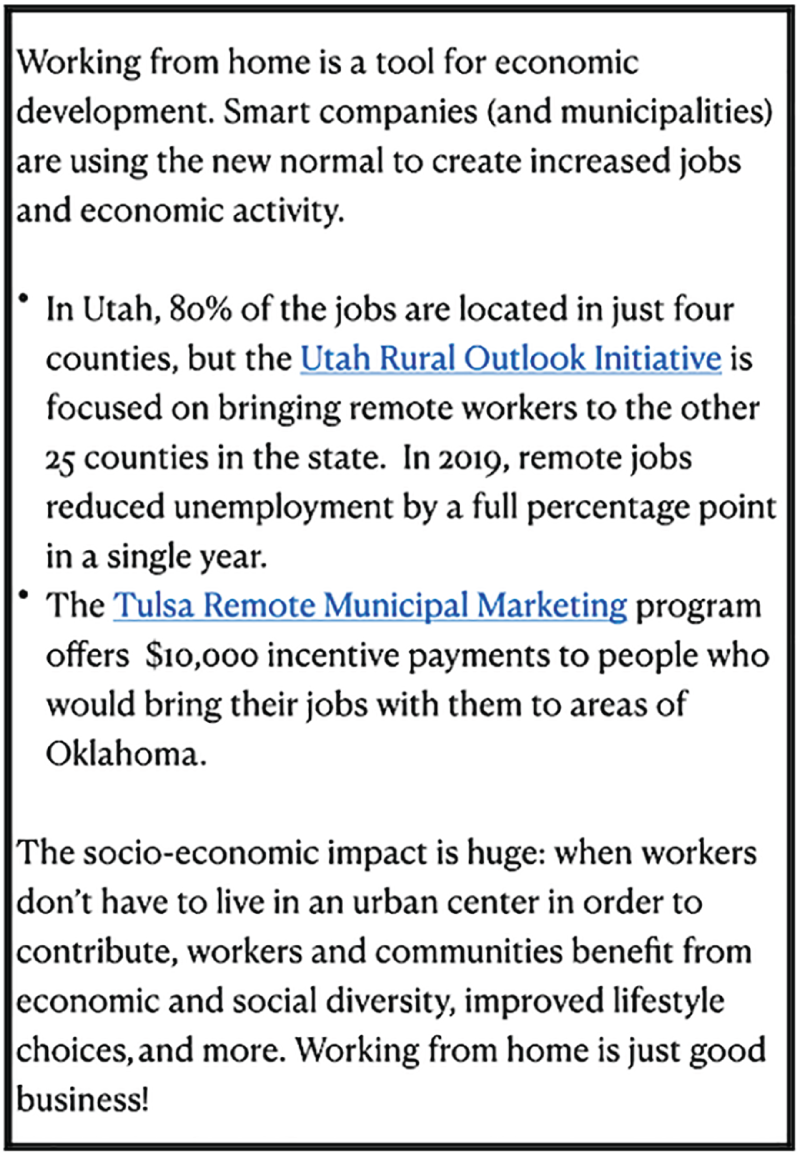 Illustration summarizing some points for working from home for economic development, and how smart companies are using the new normal to create increased jobs and economic activity.
