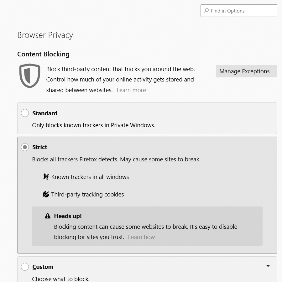 A screenshot of the Browser Privacy dialog box.
