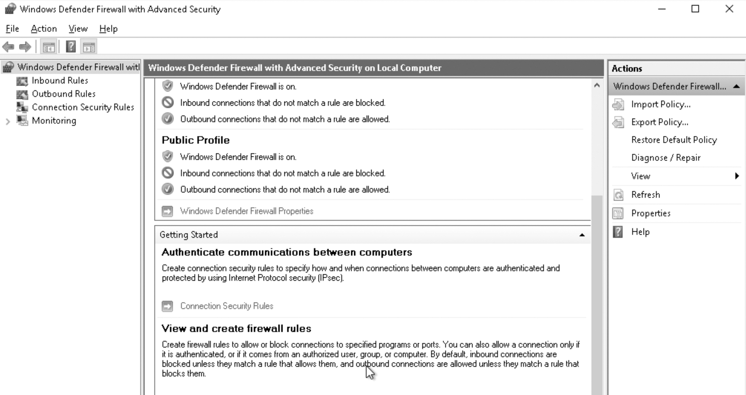 A screenshot of the Windows Defender Firewall with Advanced Security.