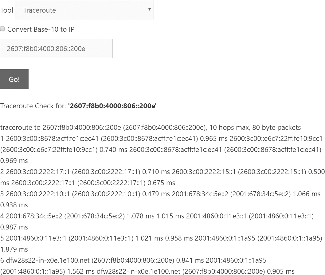 A screenshot uses internet-based traceroute tools to determine whether a V P N is accessible from the internet.