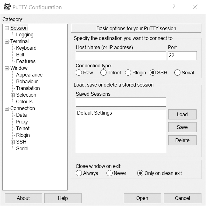 A screenshot of the Putty Configuration dialog box.