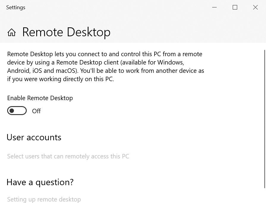 A screenshot of the Remote Desktop dialog box on a Windows client.