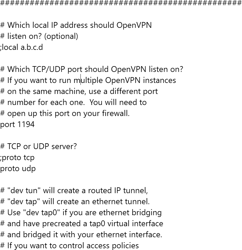 A screenshot of a portion of the server point o p v n sample file in Open V P N.