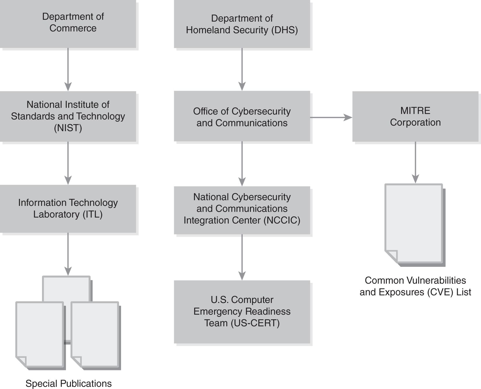A hierarchy diagram listing U S federal government organizations involved in risk management initiatives and how they are related.