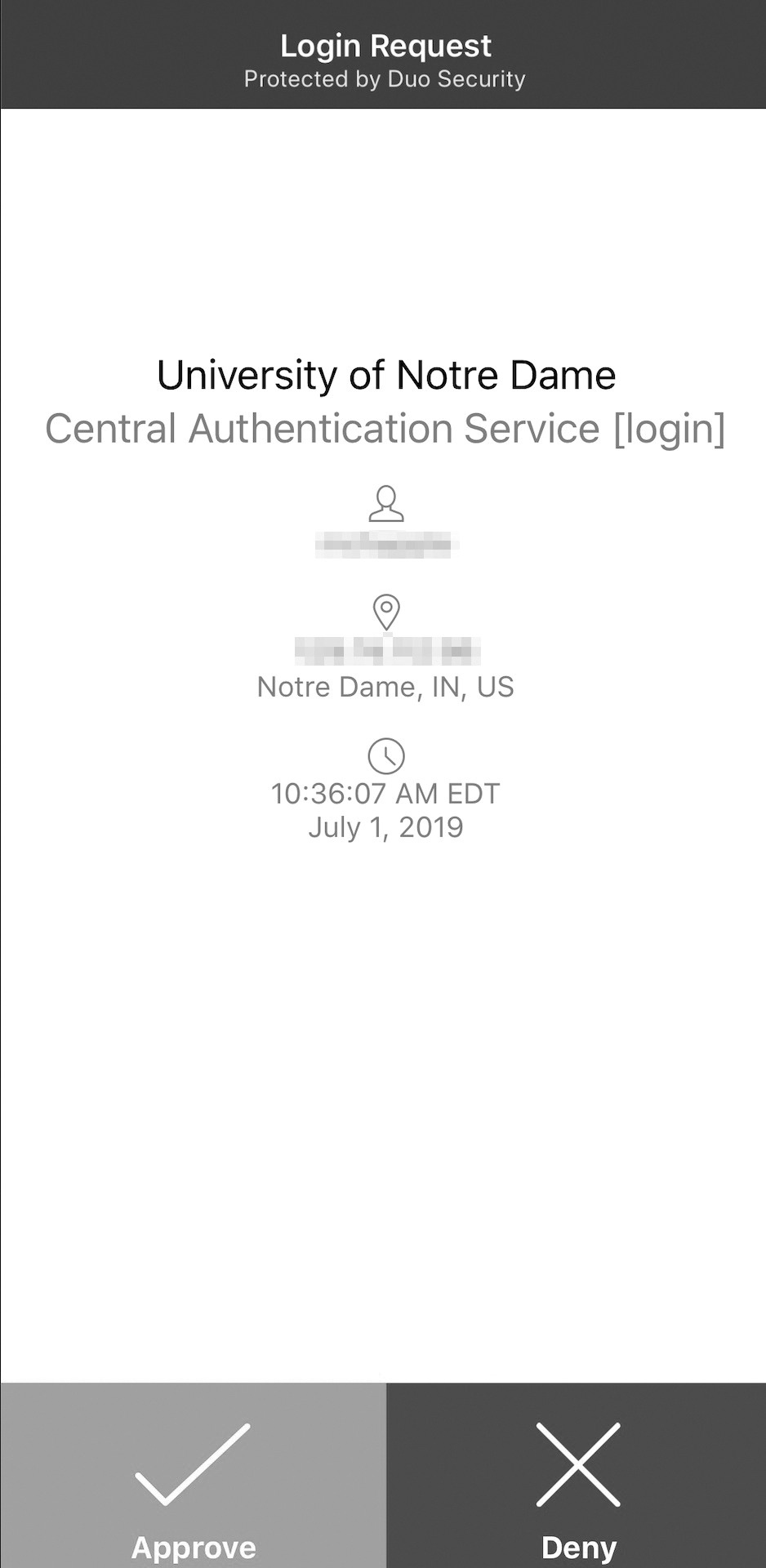 A screenshot of push authentication request from Duo to a user’s smartphone.