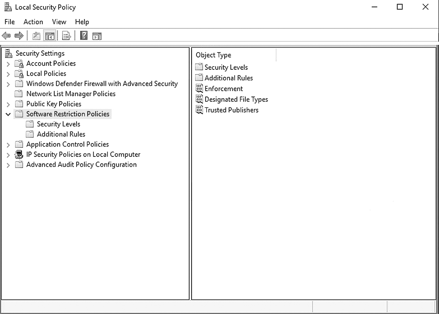 A screenshot with categories of software restriction policies.