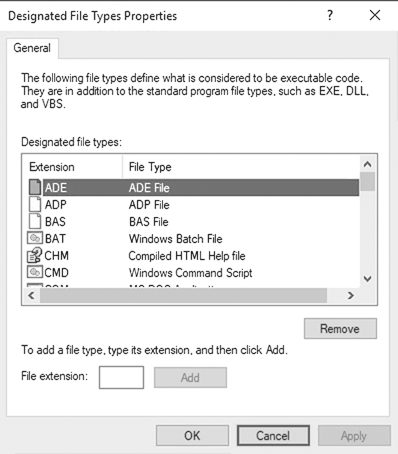 A screenshot of designated file type properties.