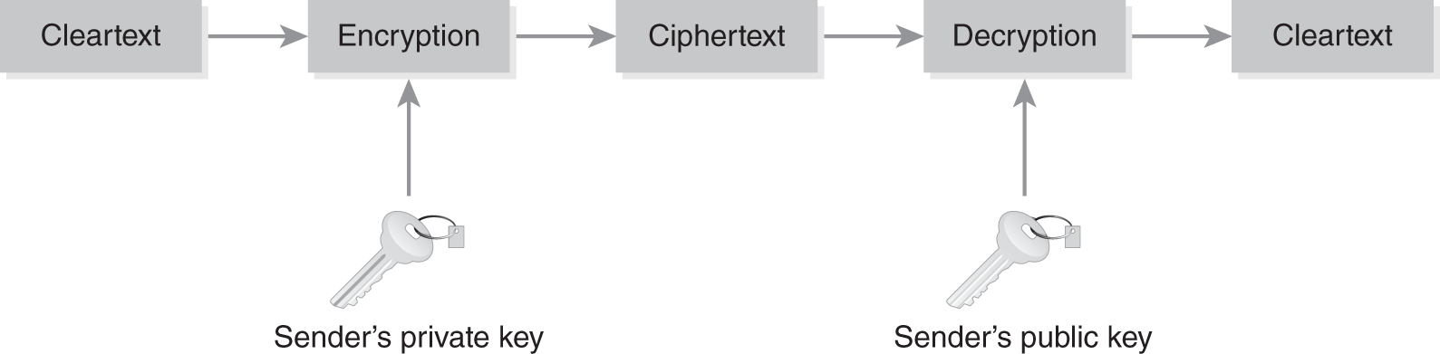 A diagram gives an example of asymmetric key encryption process: encrypting with private key for authentication.