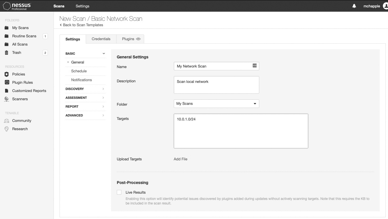 A screenshot of the Nessus configuration.