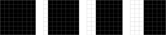 A close-up of the top-left corner of the canvas for the first four steps of the animation. At each step, position is incremented by 1 and the square moves 1 pixel to the right.