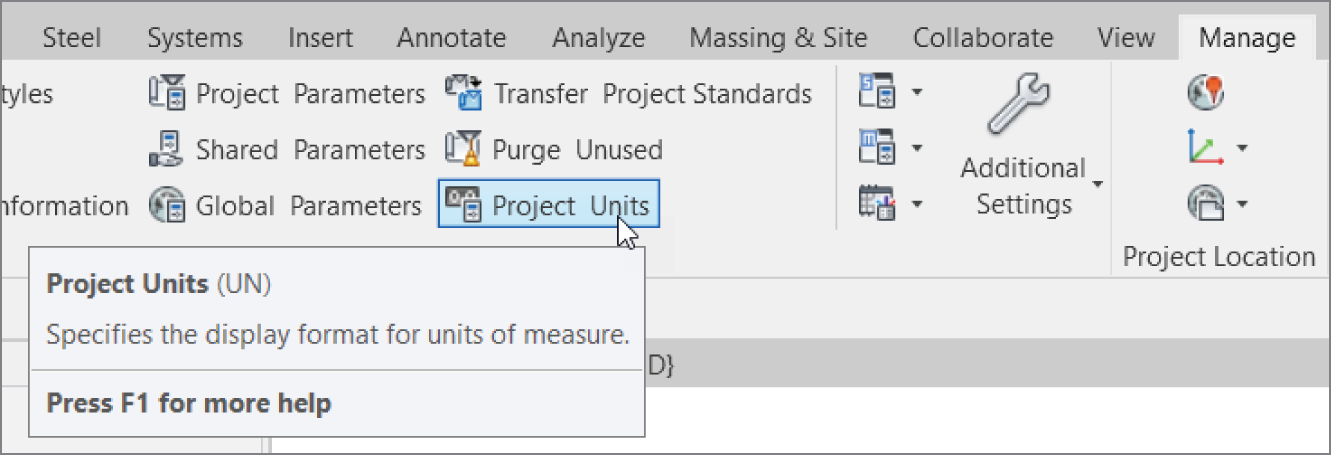Clicking Project Units on the Manage tab